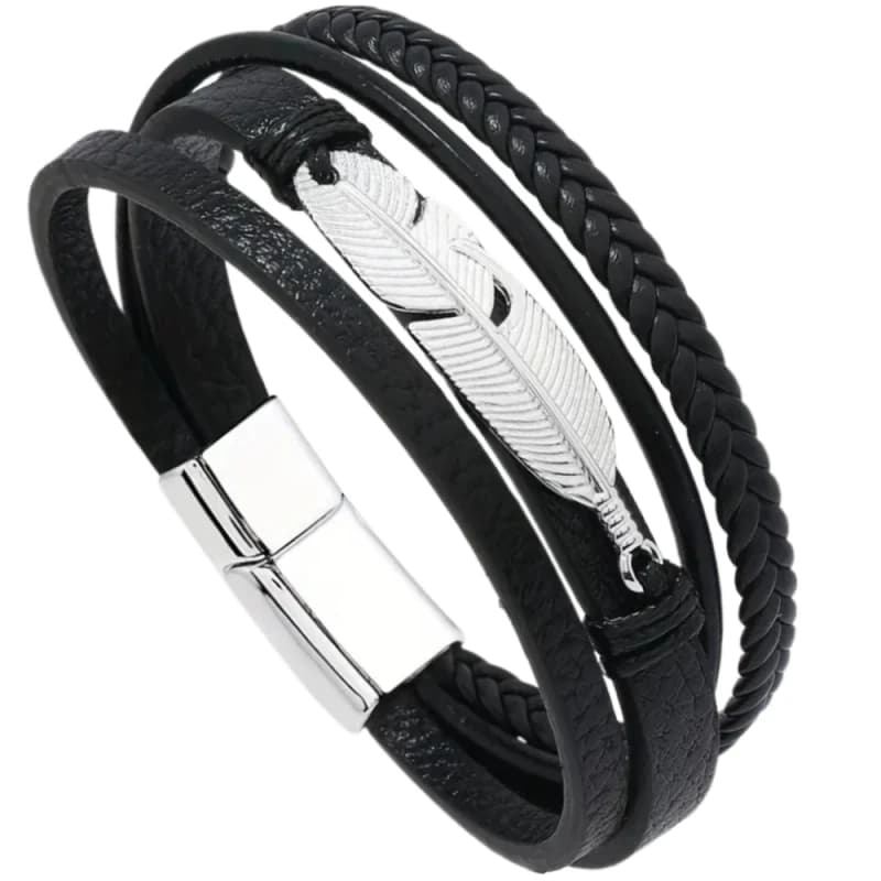 Męska bransoletka czarna skórzana z metalowym piórem