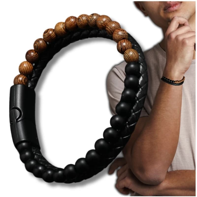 Bransoletka męska skóra naturalna kamienne koraliki