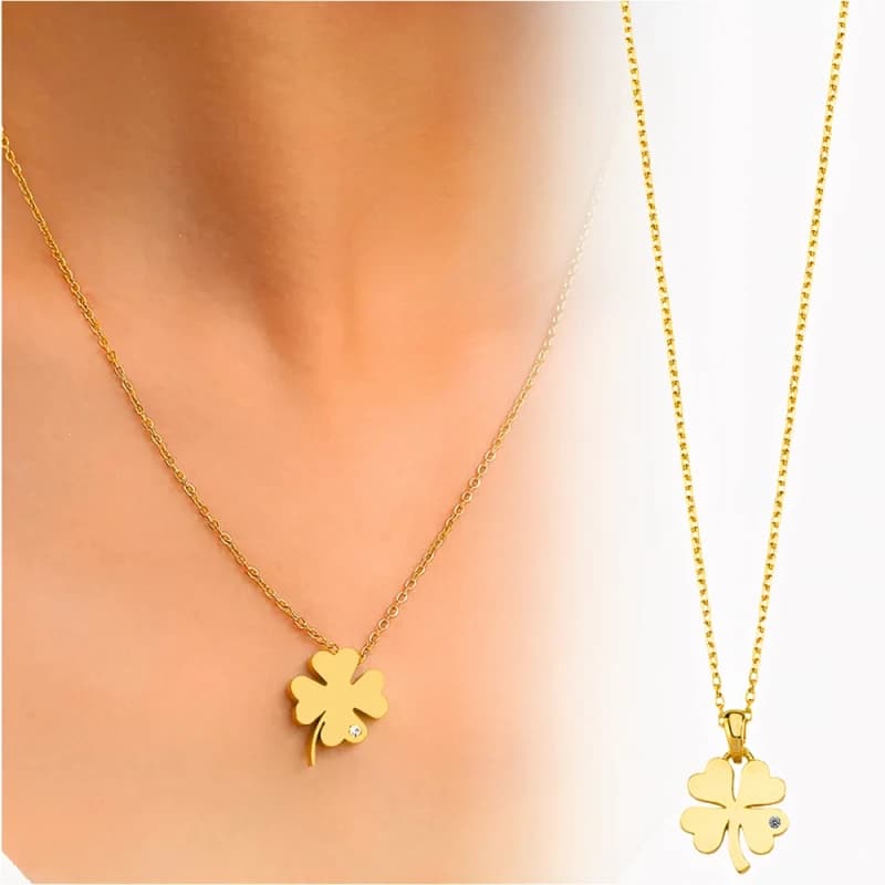 Naszyjnik złoty elegancki stal chirurgiczna koniczynka cyrkonia